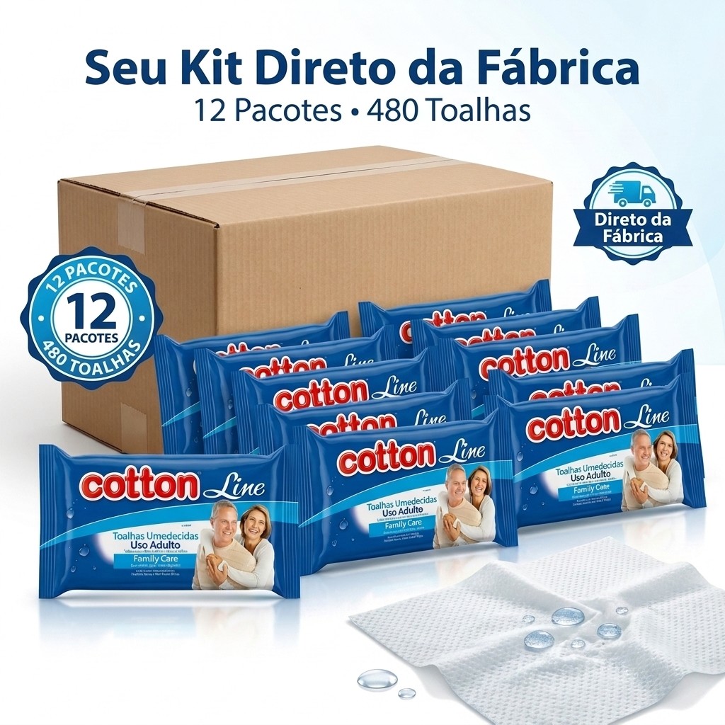 Caixa Fechada 12 Pacotes Toalha Lenço Umedecido Extra Grande Cotton Line Adulto Idoso Geriatrica