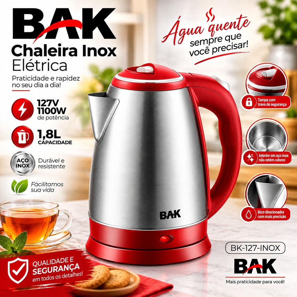 Chaleira Elétrica Inox 1,8l Desligamento Automático Aquecimento Rápido 110v