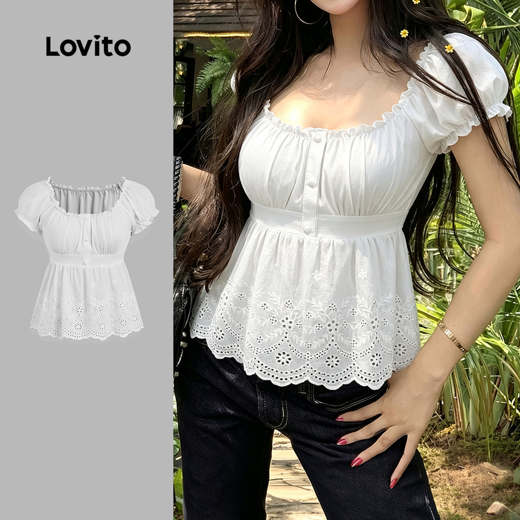 Lovito Blusa Feminino Casual Estilo Y2k Com Botões E Detalhe Drapeado Em Alface Para Primavera/verão Na Cor Branca BLK8P1D526