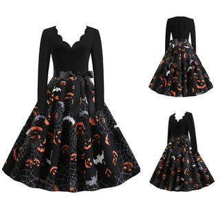 Feminino Hepburn Retro Halloween impresso com decote em V costura manga comprida grande balanço vestido de festa fita gr