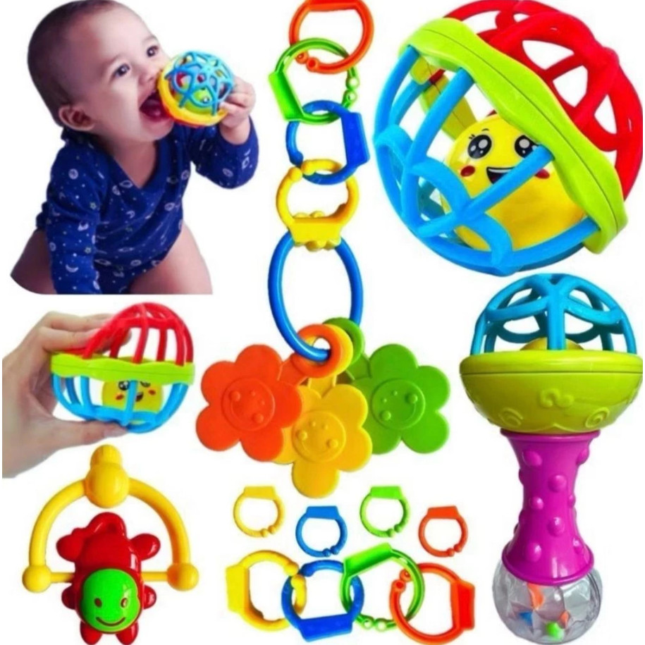 Kit 8 peças Mordedor para Bebe Sensorial Macio com Chocalho Bolinha Mordedor Silicone Baby Ball