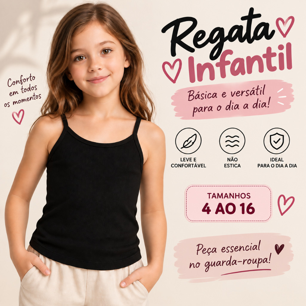 Regata Infantil Alcinha Juvenil de Malha Viscolycra Feminina Verão Roupa Menina Tamanho 10 12 14 16