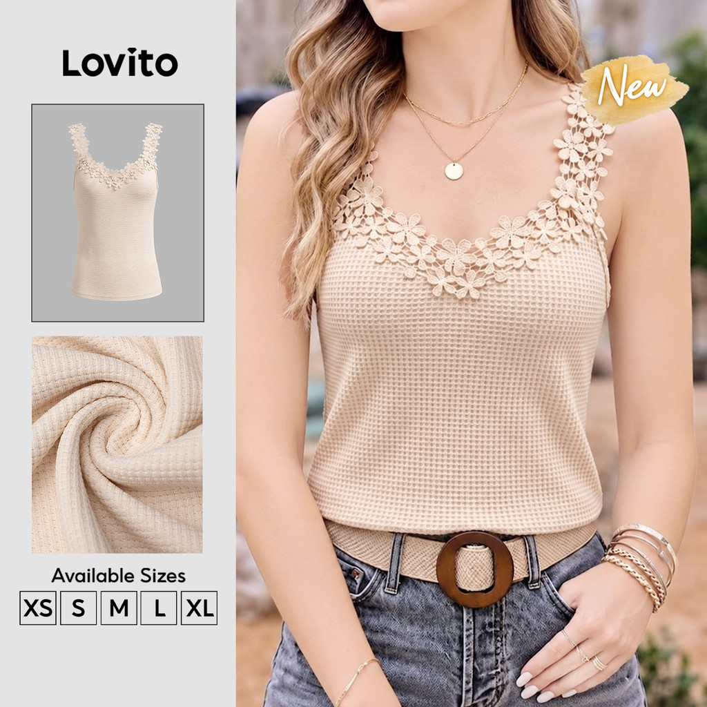 (New Arrival) Lovito Boho Top Sem Mangas Gola V Cáqui Babado Primavera Verão Férias Para Mulheres TKB204P1D348