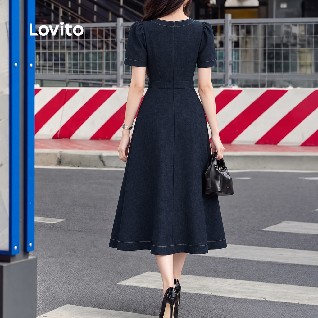 Lovito Vestido Elegante com Zíper e Cinto Azulmarinho de Primavera/verão para mulheres LK7LD198 · foto 2