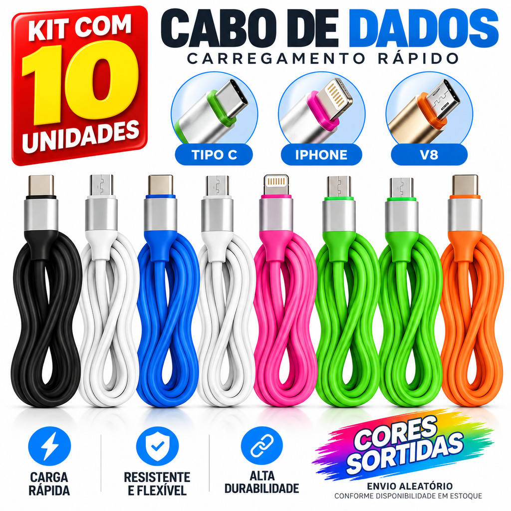 kit 3/5/10 un cabo carregador iphone/v8/typo-c  para celular cor aleatória
