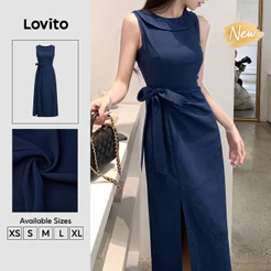 Lovito Vestido Feminino Azul-Escuro Elegante com Pregas e Amarração Modelo Longo Lápis Primavera Verão Traje de Trabalho DRB204P1D774