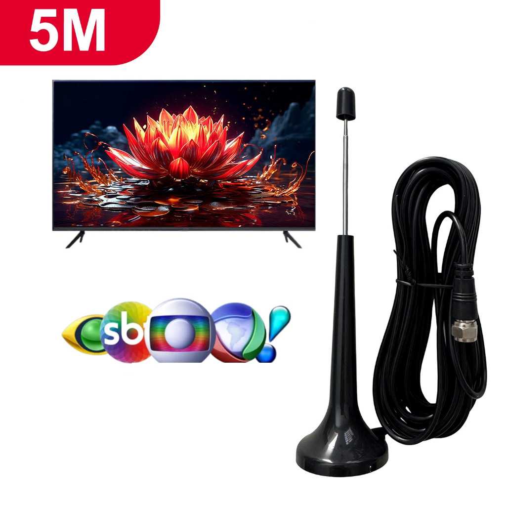 Antena TV Digital HDTV 5m Sinal Digital VHF UHF Base Magnética Interna Externa