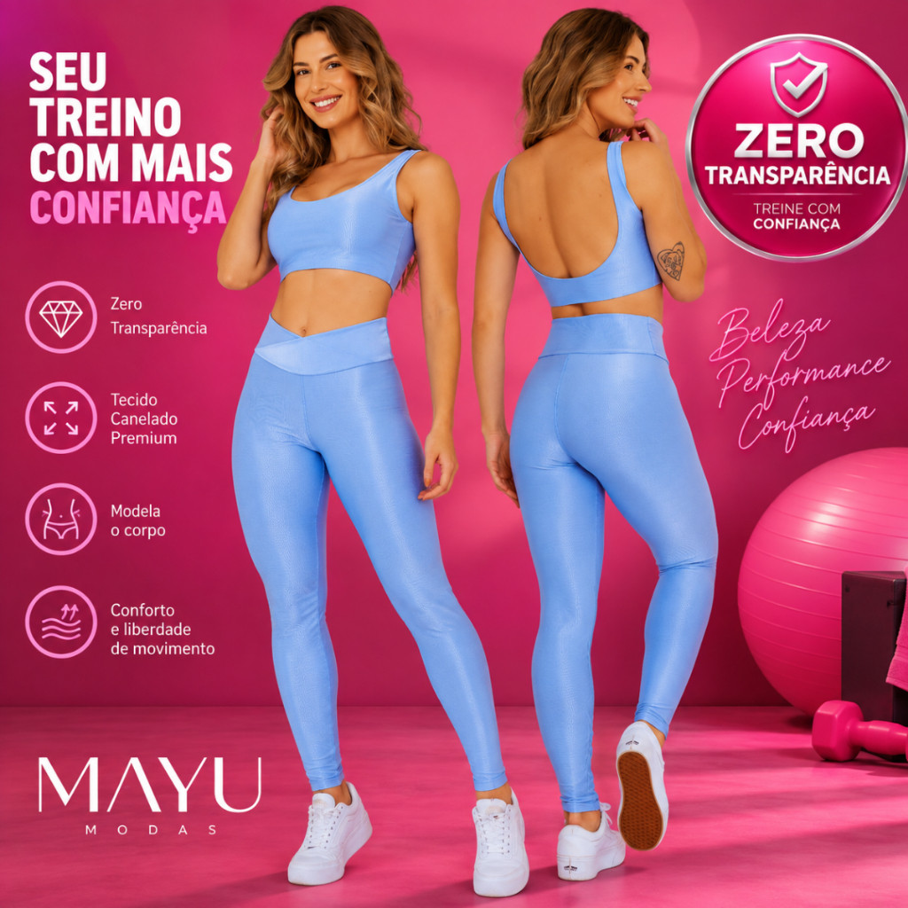 Conjunto Feminino Academia Canelado Fitness Zero Transparência Brilhoso Calca e Top Modelador