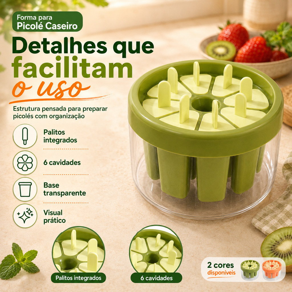 Forma De Picolé Sorvete 8 Cavidades Antiaderente para Sucos Leite e Frutas Com Tampa Forminha para Picolés