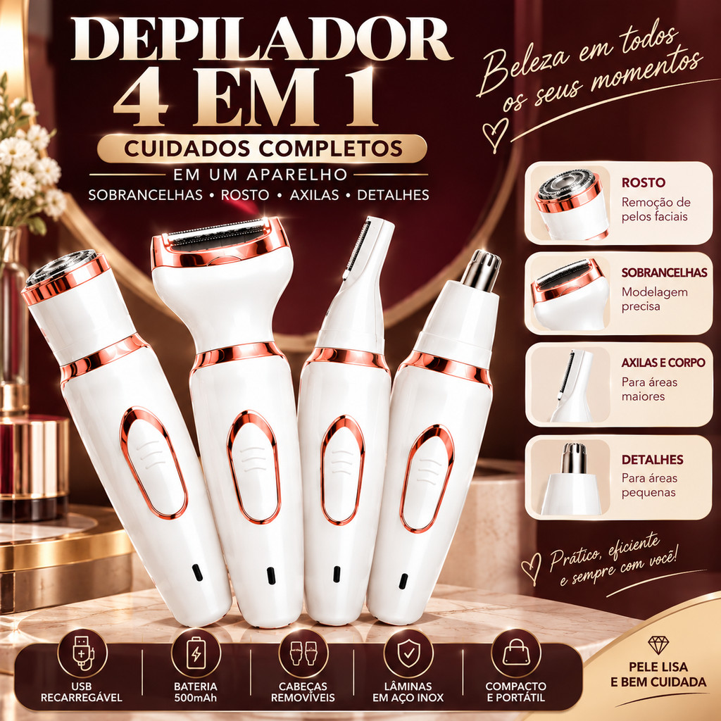 Depilador Elétrico 4 Em 1 Feminino , Aparador Recarregável USB Com Cabeças Intercambiáveis Para Rosto E Corpo