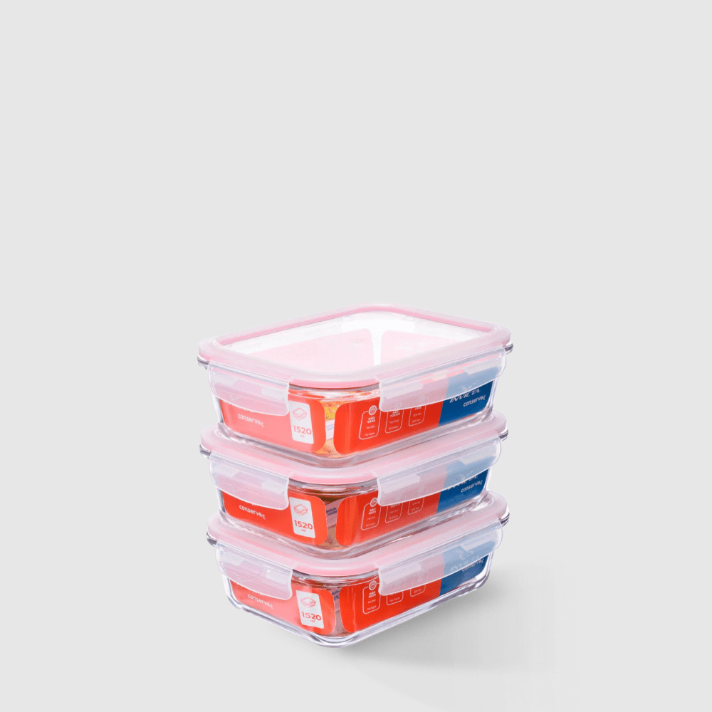 Kit com 3 Potes de Vidro Herméticos Retangulares 1,5L Invicta