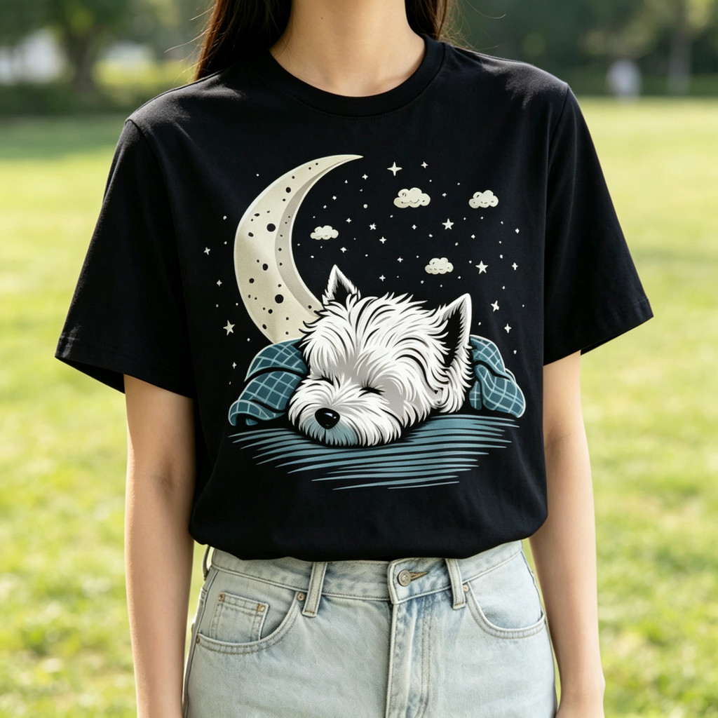Camiseta Feminina Oversized Manga Curta, Estampa Cachorro Westie Dormindo com Lua e Estrelas, Algodão Confortável