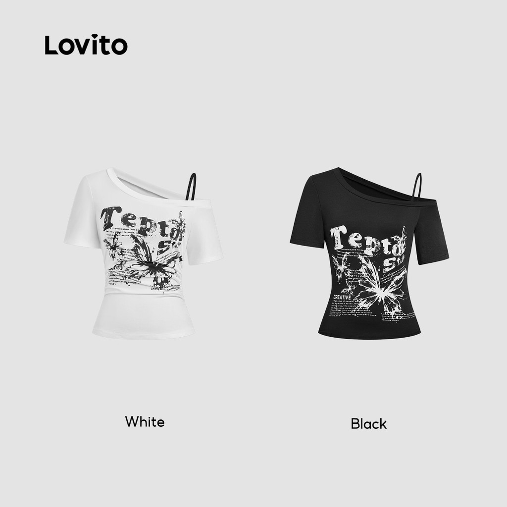 Lovito Casual Feminina Camiseta Branca Ombro Frio Plissada Padrão 2 Em 1 L136AD148