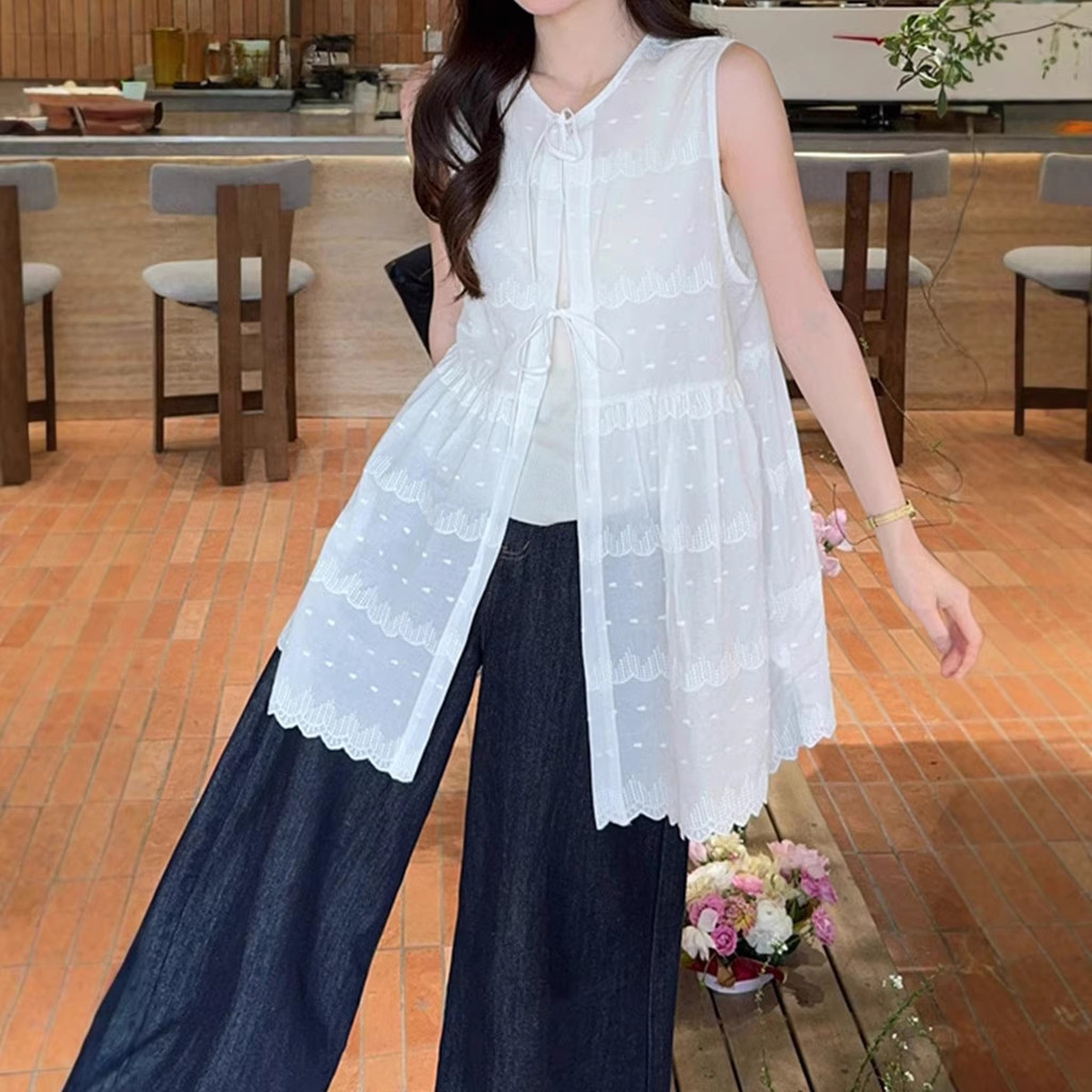 [3/2 Primavera] Estilo Coreano Design Colete Sem Mangas Saia Em Camadas Desgaste Externo
