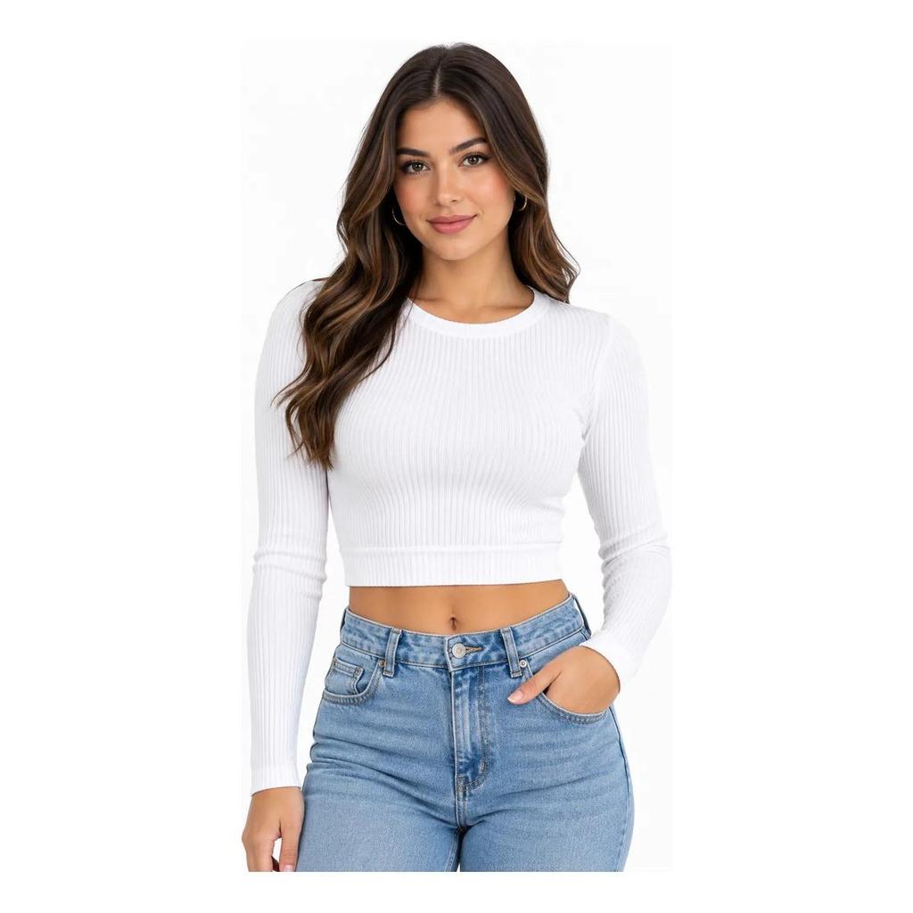 Blusa Cropped Feminina Canelada Manga Longa Gola Redonda