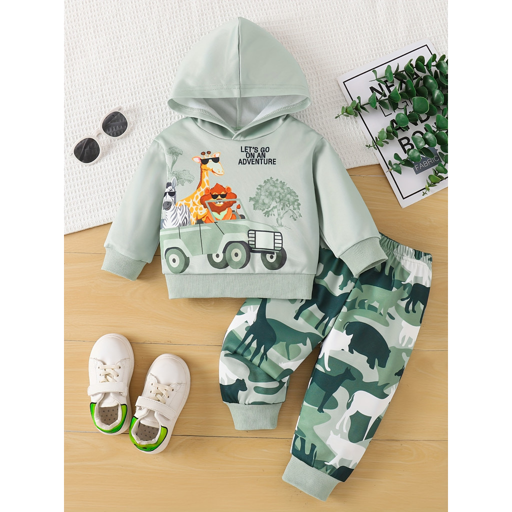 Comércio exterior INS infantil menino bebê velo com capuz dos desenhos animados Animal impressão de manga comprida calça