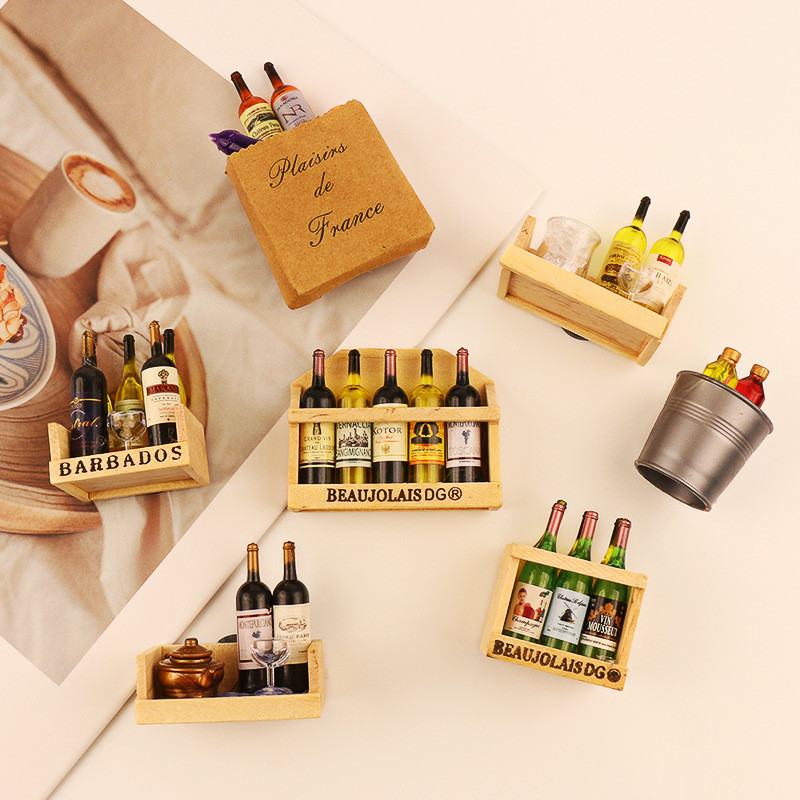Mini enfeites de vinho tinto adesivos de geladeira adereços de tiro garrafa de vinho Rack de madeira tridimensional cria