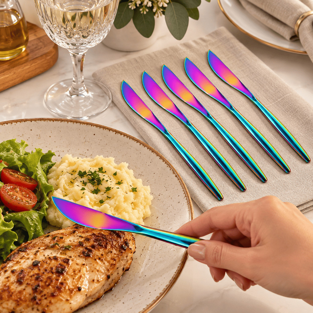 Faca Mesa Furta Cor Kit 6 Aço Inox 18/10 Talher Jantar Colorida Rainbow Espelhada Refeição — imagem 2 de 2
