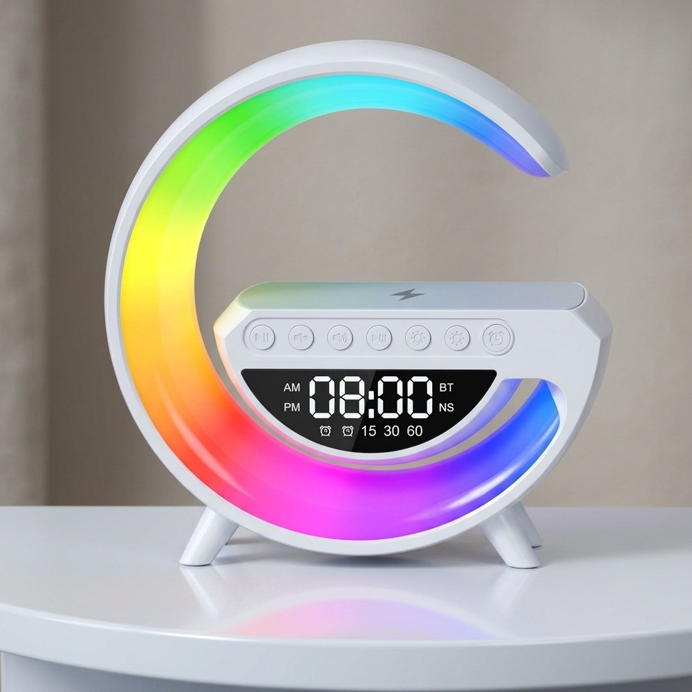Caixinha de Som G-Speaker Branca Bluetooth com Relógio Luminária LED e Carregador Sem Fio Dafu