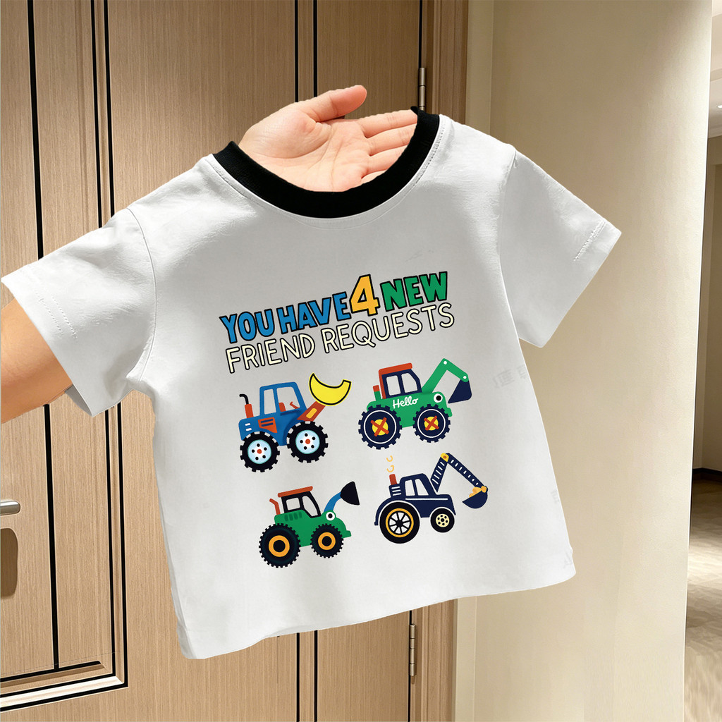 Menino dos desenhos animados Bulldozer impresso camiseta de manga curta verão novo produto contraste cor colarinho em to