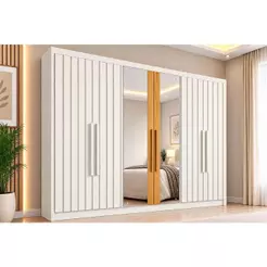 Guarda Roupa Casal 6 Portas c/ 4 Ripadas e 6 Gavetas c/2 Espelhos Potente Off White/Peroba - Europa