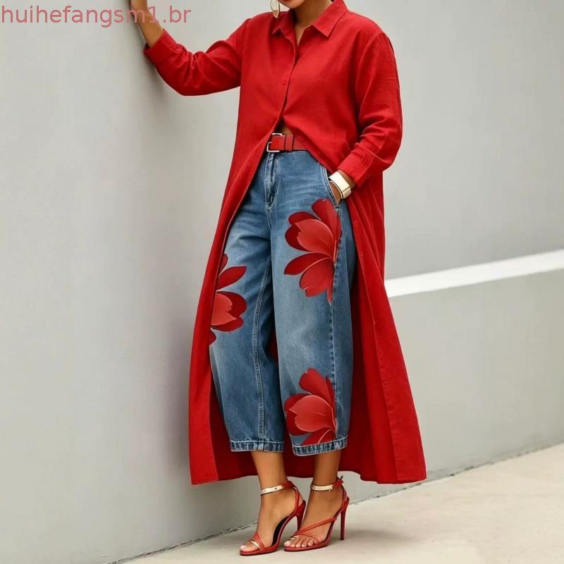 TEMU Estilo Floral Denim Calças de Perna Larga Moda Feminina Casual All-Match Calças Compridas