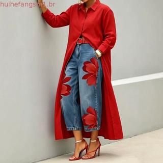 TEMU Estilo Floral Denim Calças de Perna Larga Moda Feminina Casual All-Match Calças Compridas