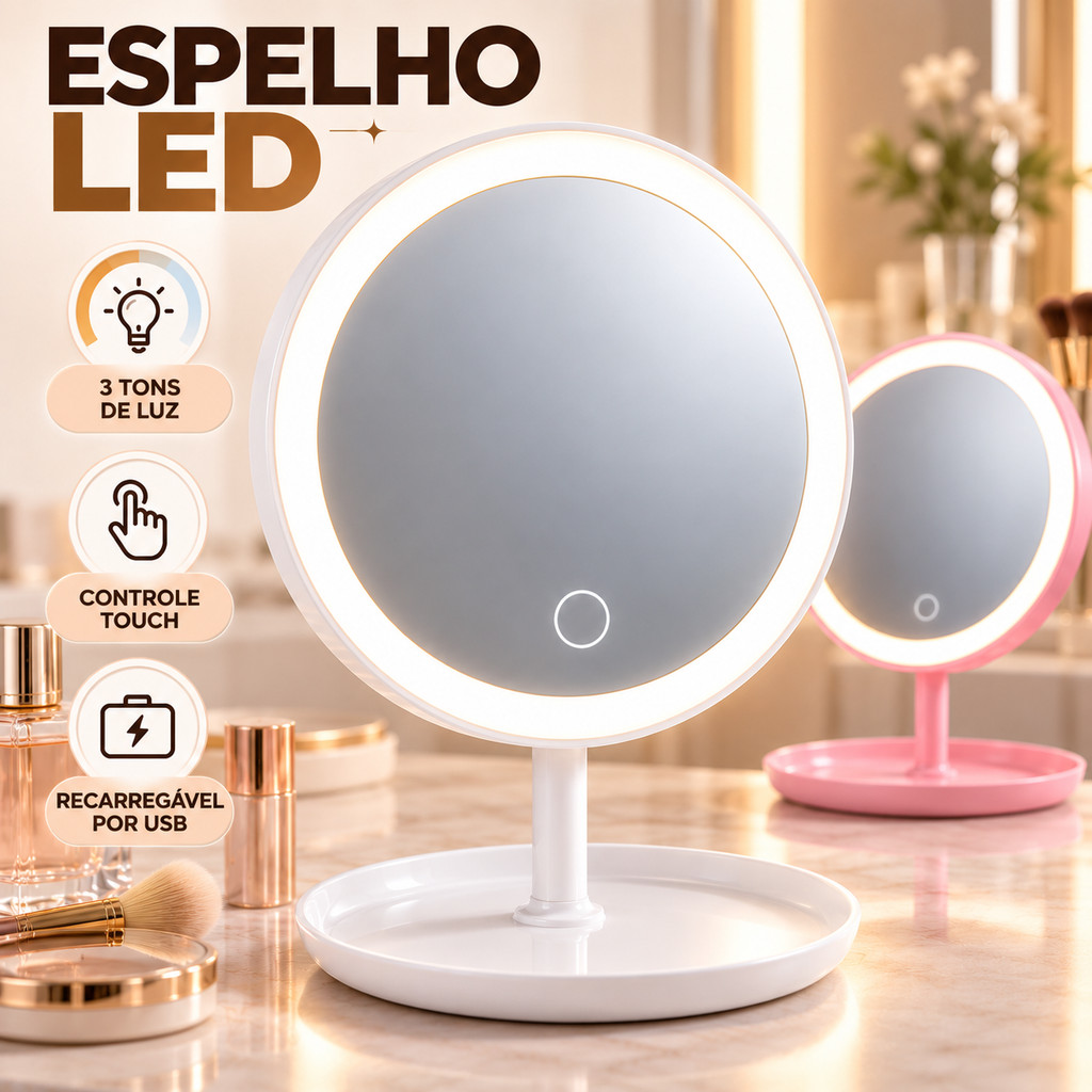 Espelho Maquiagem LED de Mesa 18cm Redondo Touch Recarregável USB 3 Tons de Luz Penteadeira