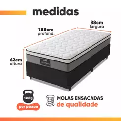 Cama Box Solteiro Colchão Gazin Maximus Molas Ensacadas 88x188x62cm Cinza / Preto