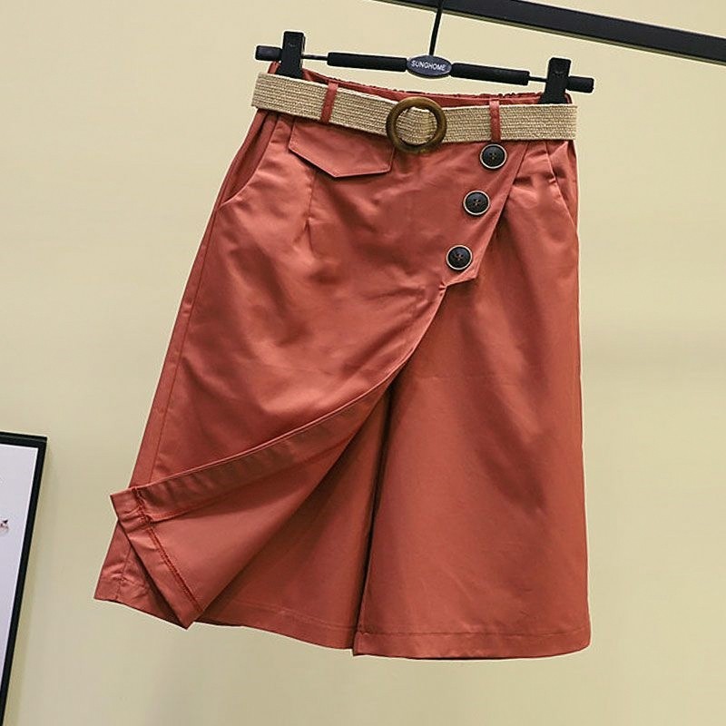 Falso de duas peças All-Match meio comprimento Culottes 2025 verão novo estilo moda cintura elástica calças de perna lar