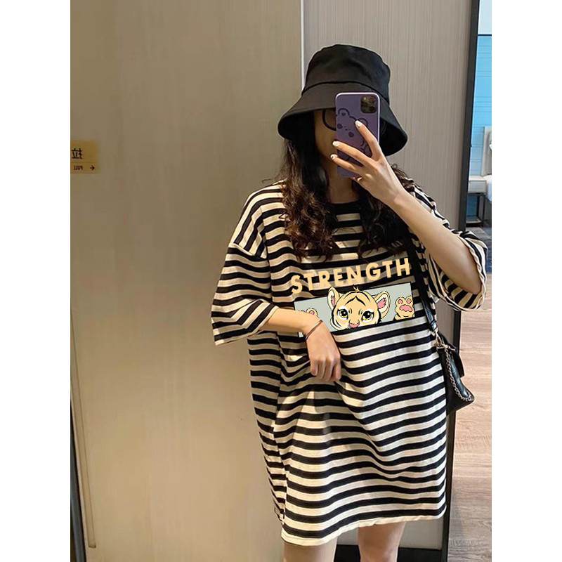 Desenhos animados puro algodão solto meados de comprimento oversize tamanho grande listrado camiseta feminina primavera 