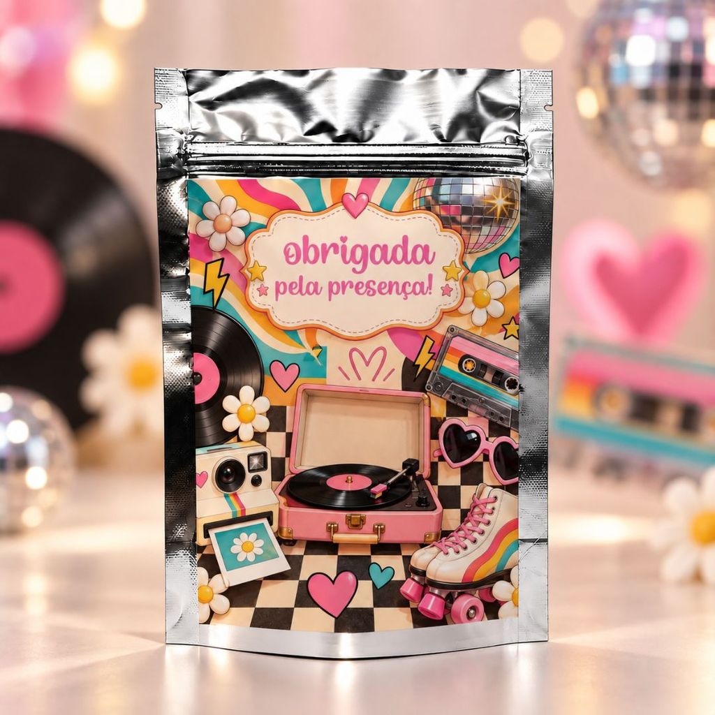 Saquinho Metalizado Personalizado Vintage/ discos/ patins/party P 10x15cm Lembrancinha Festa Aniversário Nome e Idade