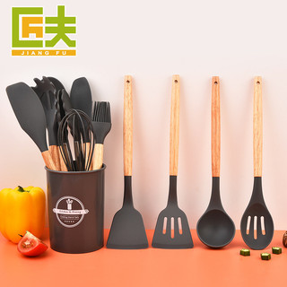 Utensílios de cozinha de silicone conjunto de 12 peças alça de madeira doméstica utensílios de cozinha de silicone combi