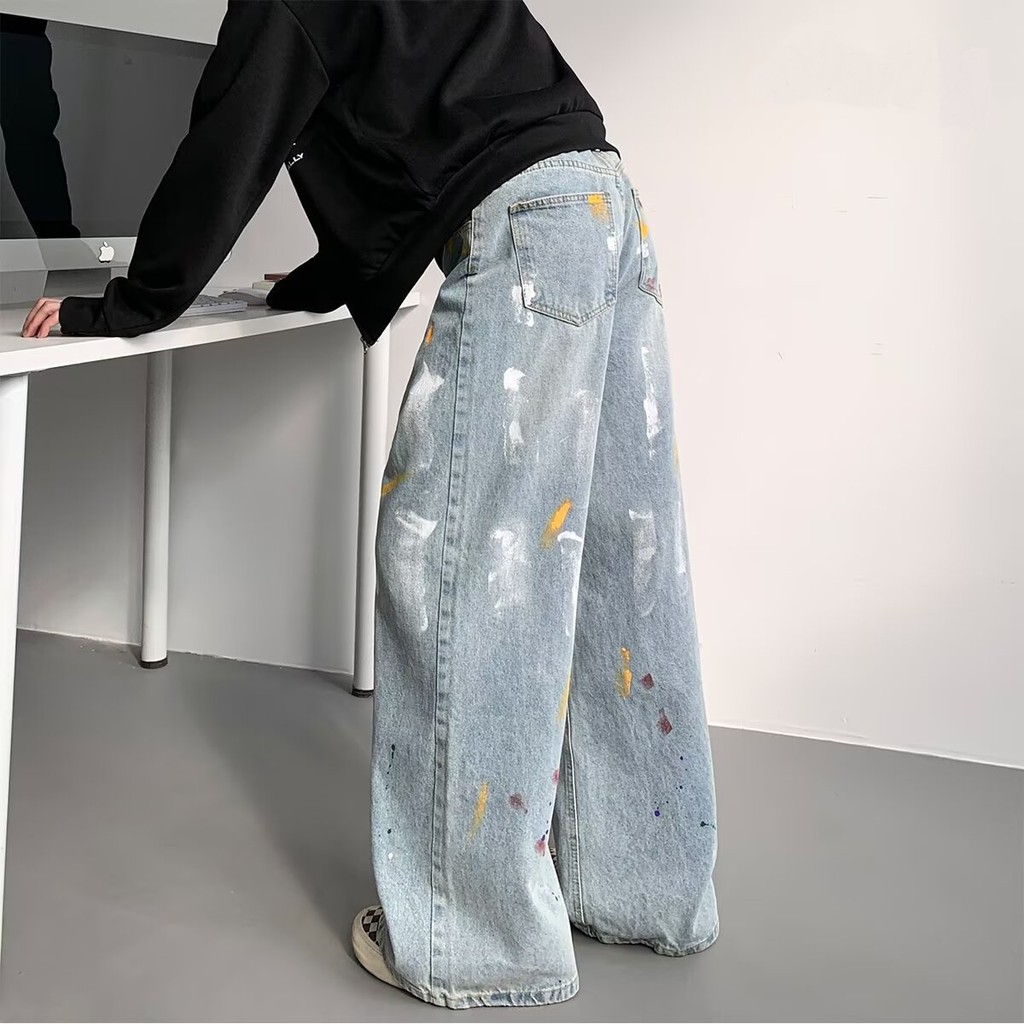 Street Wear Design laca Dot Jeans masculino outono americano perna larga solta calças de perna reta High-End Casual T