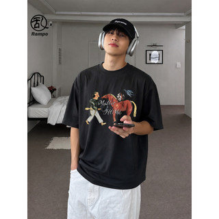Cleanfit High Street Retro pônei retrato impresso camiseta masculino feminino solto All-Match casal puro algodão de mang