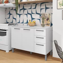 Balcão 120cm 3 Portas 2 Gavetas com Tampo Versalhes Branco/Supremo