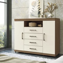 Cômoda para Quarto 2 Portas 4 Gavetas 1 Nicho Master com Rodízios Bege/Jatobá/Areia Jatoba/Areia