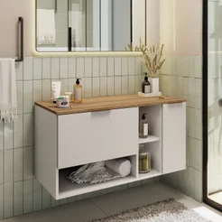 Gabinete de Banheiro Suspenso 90 cm BA308 2 Portas e Nichos sem Cuba Essence Yescasa Branco/Mel