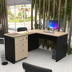 Escrivaninha Mesa Escritório em L com Gaveteiro com Chave 120CMX150CM 150cm Preto/Bege