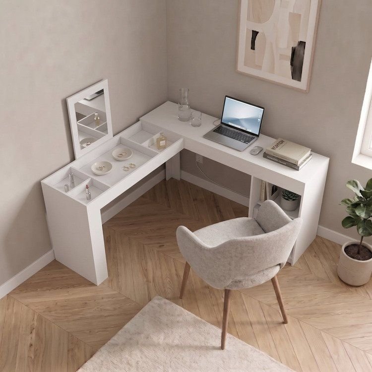 Escrivaninha Mesa Escritório Penteadeira em L de Canto 130,5x135,5cm Branco