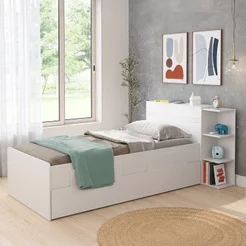Bicama Solteiro com Baú, 2 Gavetas e Cama Auxiliar Jade Yescasa Branco Branco