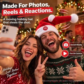 Chapéu de Natal com música, que se move quando tocado e possui uma faixa de luzes LED para festas de fim de ano I6ZZ.