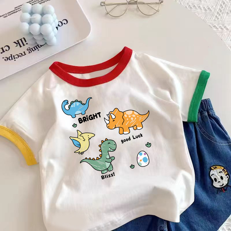 Menino dos desenhos animados dinossauro novo estilo de manga curta camiseta verão 2026 versão coreana crianças bebê espo