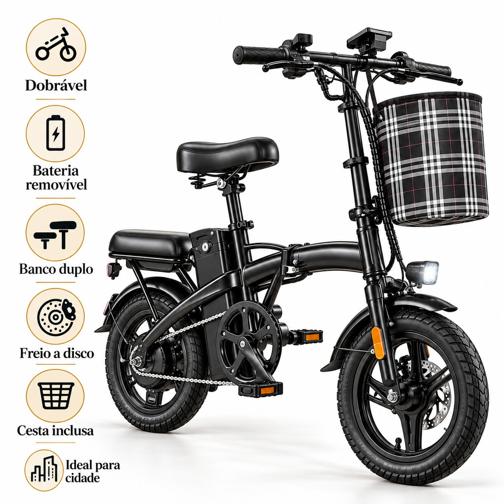 Bicicleta Elétrica Dobrável para Adultos com Pedalada Assistida e Suporte de Celular com Carregamento  Pepe_Shop