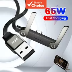 Cabo De Carregamento Rápido USB-A Para Tipo C De 65 W Suporte Dobrável Telefone 2 Em 1