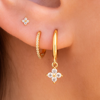 Kit 3 pares de brincos femininos prata 925, pingentes de flores incrustados com zircônia, banhados a ouro 18K