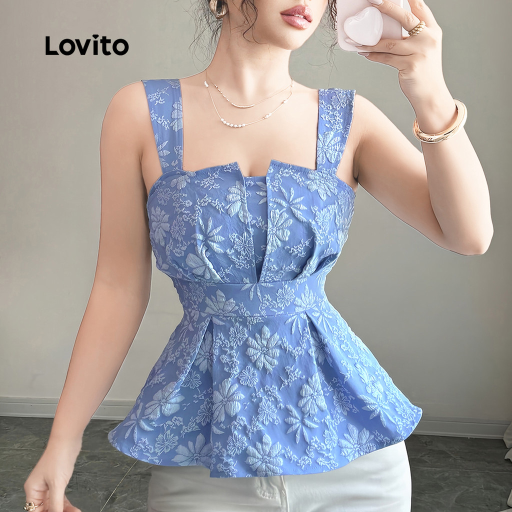 Detalhes do Lovito Blusa Elegante de Festa com Pregas em Jacquard Primavera/verão Azul para Mulheres L150ED130