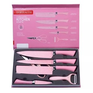 Kit Facas Inox Rosa 6 Peças Premium c/ Tesoura e Descascador – Cozinha Completa em Oferta na Shopee