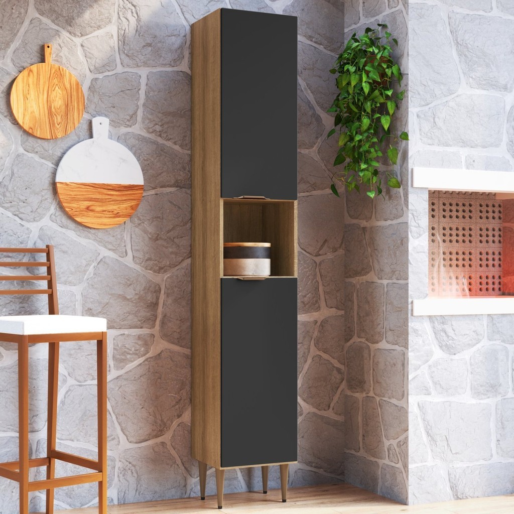 Armário Paneleiro 2 Portas 1 Nicho 35cm Veneza Modulada Mel/Grafite em Oferta na Shopee