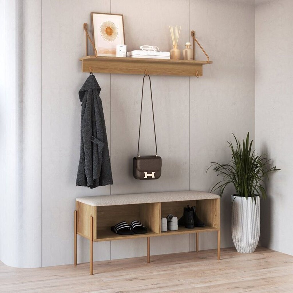 Conjunto Sapateira Banco Estofada e Prateleira Pé Metal Oslo Marrom Hanover/Dourado Hanover/Dourado